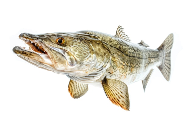 Foto pescado muskie manchado aislado en fondo blanco depredador de agua dulce con dientes afilados en la mitad de la cara