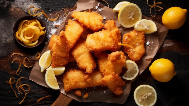 Foto pescado y papas fritas con limón