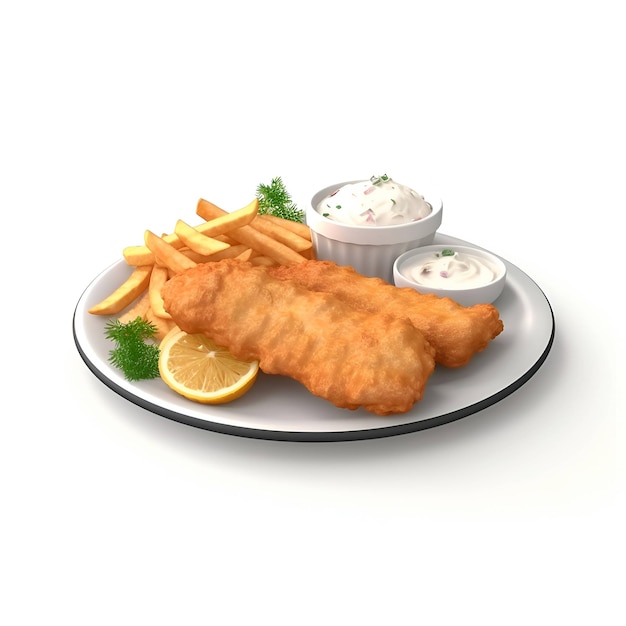 Foto pescado y papas fritas con salsa tartar en un plato ilustración 3d