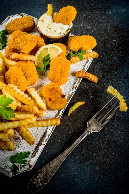 Foto pescado y papas fritas con salsa tártara