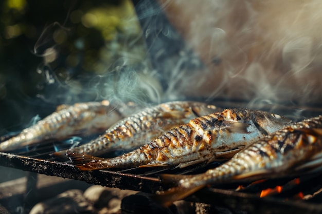 Pescado a la parrilla al aire libre con humo IA generativa