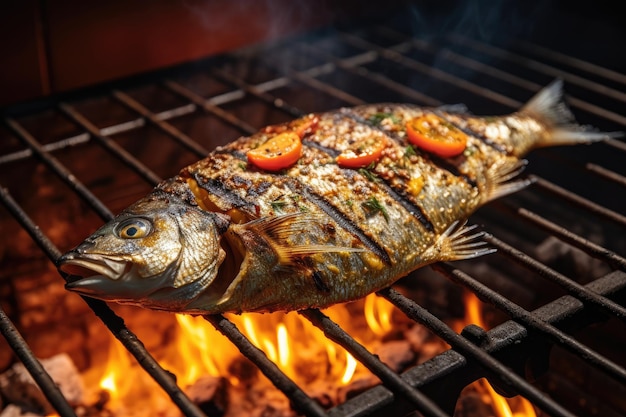 Pescado a la parrilla con carbón de leña