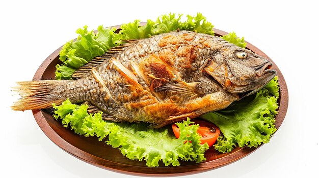 Foto pescado a la parrilla imagen aislada fresca en fondo blanco barbacoa pescado en la decoración del plato con latus