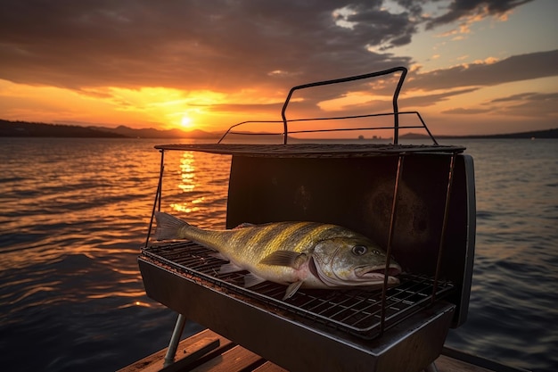 Pescado a la parrilla en una parrilla portátil con la puesta de sol de fondo creada con ai generativa