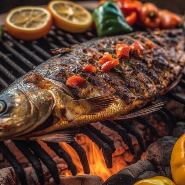 Un pescado a la parrilla con pimientos