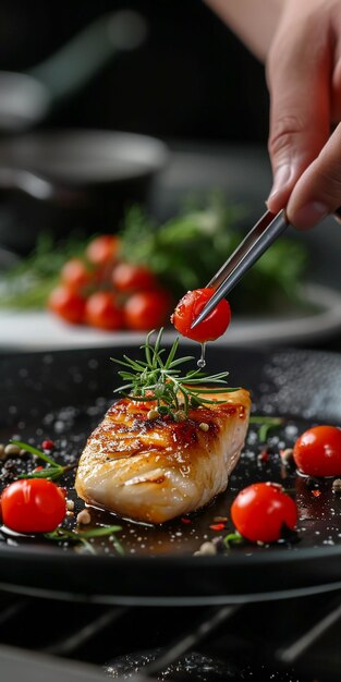 Pescado a la parrilla con romero y tomates en un plato de primer plano