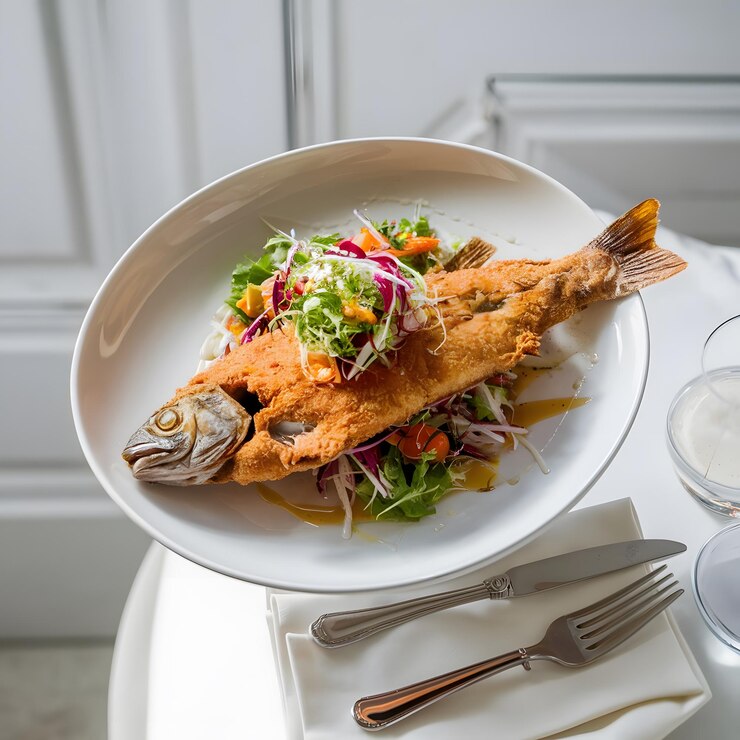 Pescado a la parrilla con rúcula y tomates cereza en un plato blanco