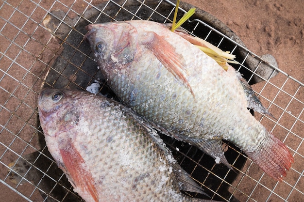 Pescado a la parrilla con sal en la estufa de carbón