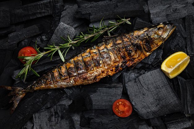 Pescado a la parrilla sobre un fondo negro con verduras y tomates