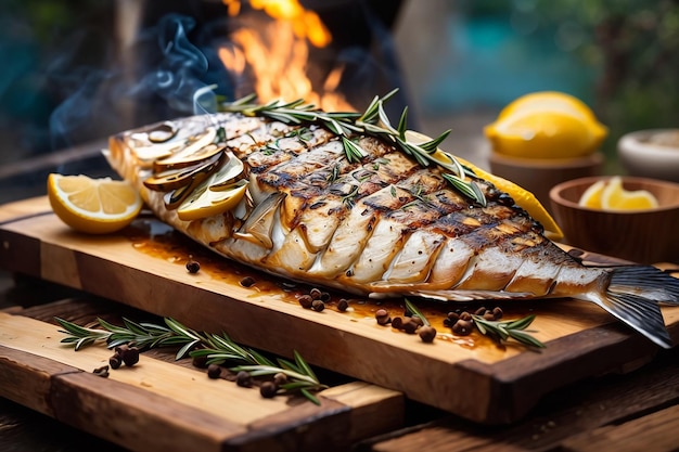 Un pescado a la parrilla sobre una mesa de madera en la cocina