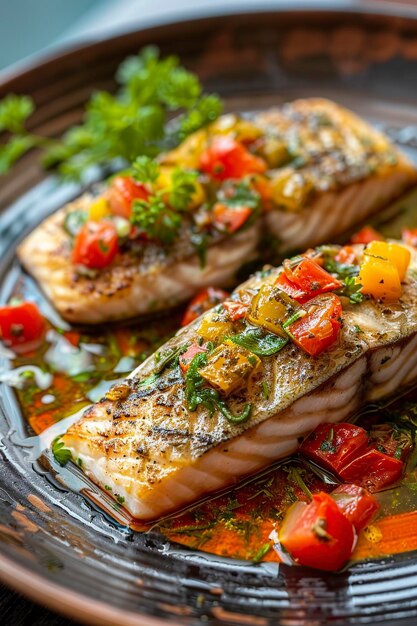 Pescado a la parrilla con verduras en el plato