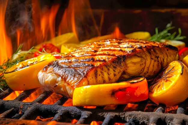 Pescado a la parrilla con verduras servido en un plato Comida de restaurante Comida deliciosa IA generativa