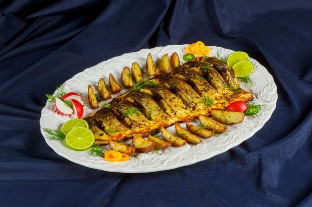 Pescado a la plancha con patatas asadas y verduras en el plato.