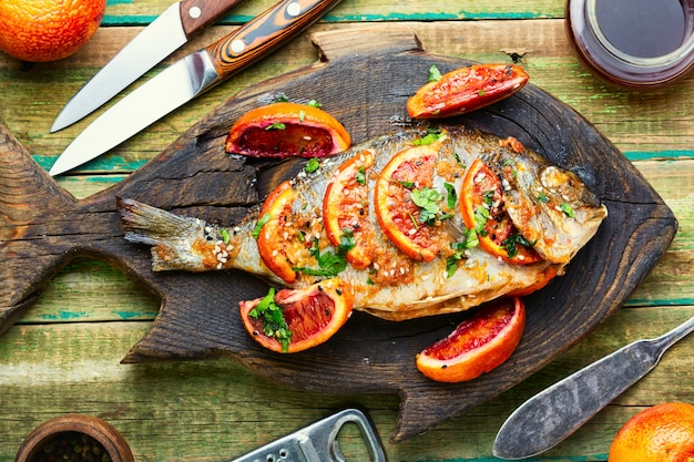 Foto pescado a la plancha sobre tabla de cortar de madera