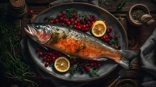 Un pescado en un plato con frutos rojos y limones.