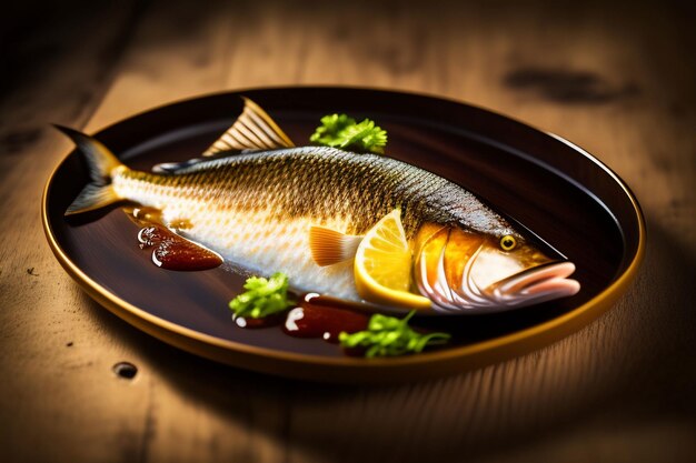 Un pescado en un plato con salsa y gajos de limón.