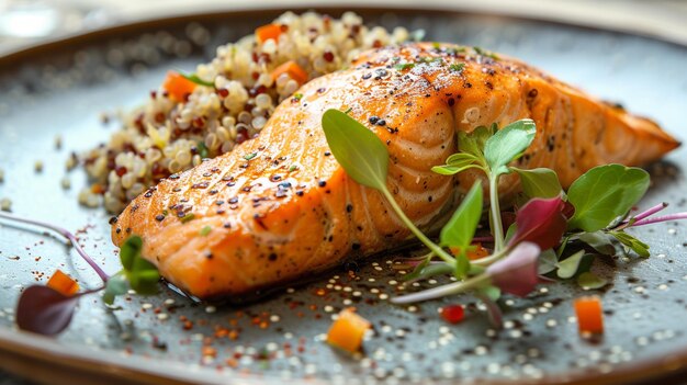 pescado rojo horneado con verduras en un plato blanco