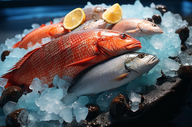 Pescado salmón en hielo en un lago