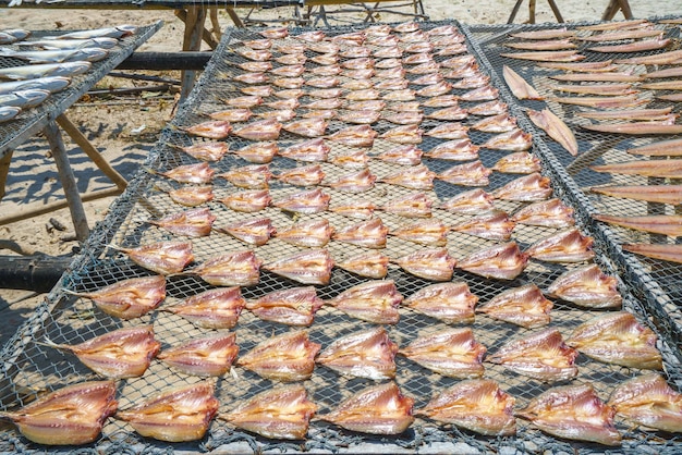Pescado secado al sol y frito en el pueblo pesquero