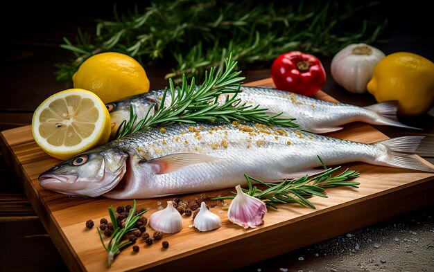 Pescado en una tabla de cortar con limón y romero