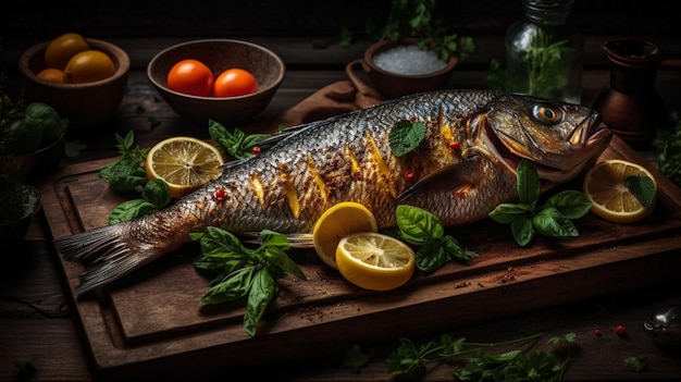 Un pescado en una tabla de cortar con limones y albahaca.