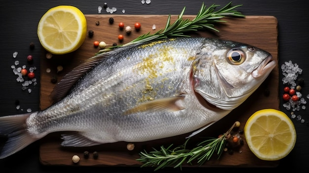 Pescado en una tabla para cortar con limones y hierbas