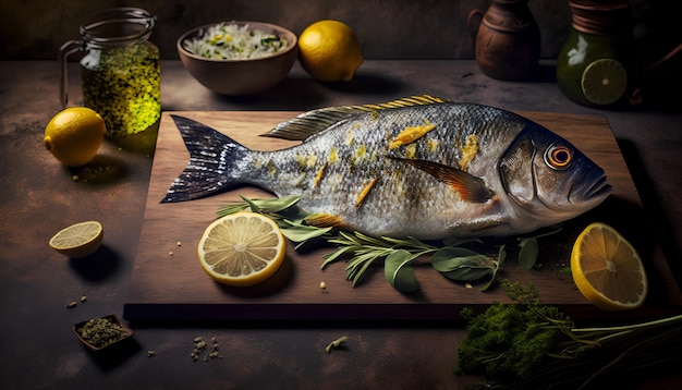 Un pescado en una tabla de cortar con limones y limones.