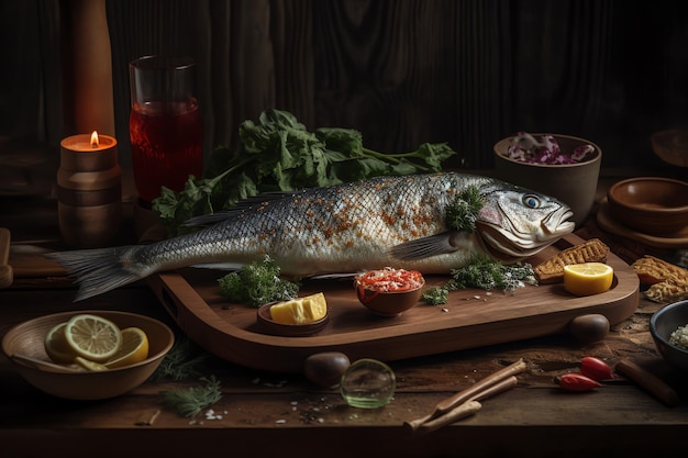 Un pescado en una tabla de cortar con un vaso de jugo de limón y un tazón de limones.