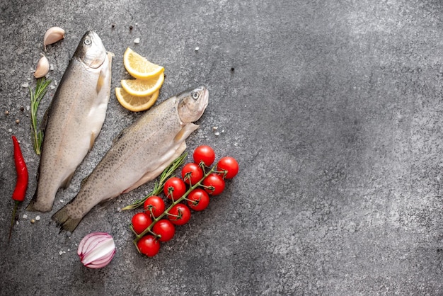 Pescado de trucha cruda sobre fondo de piedra con espacio de copia para su texto