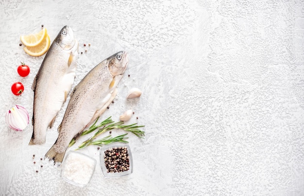 Pescado de trucha cruda sobre fondo de piedra con espacio de copia para su texto