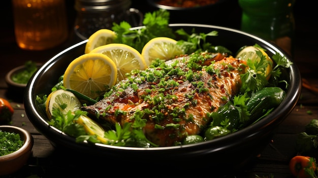 Pescado de trucha marinado en especias en un plato verde sobre fondo verde