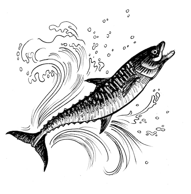 pescado umping dibujado a mano con tinta de estilo retro en blanco y negro