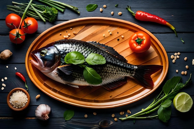 Un pescado con verduras y especias en una tabla de madera.
