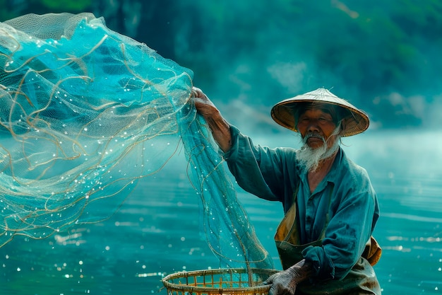 Un pescador asiático con un sombrero tradicional en forma de cono lanza una red en un lago como por la mañana