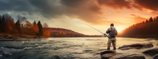 un pescador atrapa peces en un lago y un río