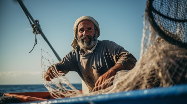 Foto el pescador atrapa peces en el mar trabajo duro red de pesca barco pescado de mar