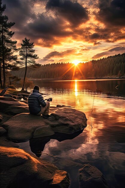 un pescador atrapa pescado al amanecer