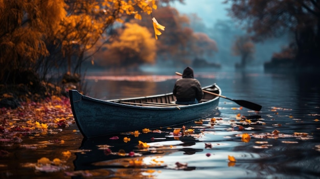 Pescador en un barco en el lago con hojas de otoño