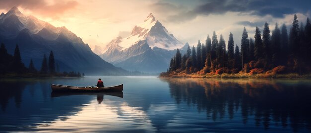 Pescador en un barco en el lago con montañas en el fondo