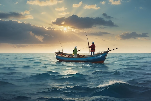 Foto pescador y barco de pesca flotando en el mar