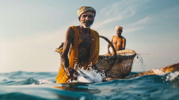 Pescador con captura en el océano