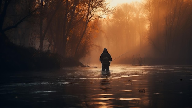 Pescador cinematográfico de fundo de pesca de outono pegando no rio selvagem