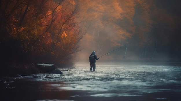 Pescador cinematográfico de fundo de pesca de outono pegando no rio selvagem