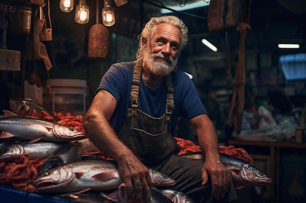 pescador com seus peixes em exposição