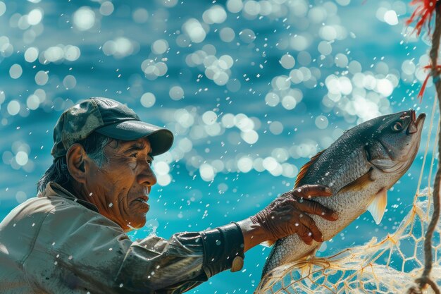 Foto pescador com um peixe em fundo de mar azul
