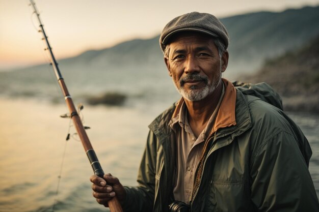 Foto pescador com uma vara de pesca em arco de fundo desfocado