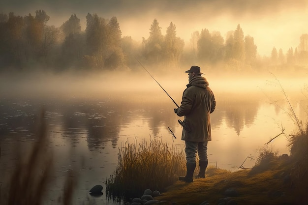 Pescador com vara de pescar na margem do rio ao nascer do sol Generative AI