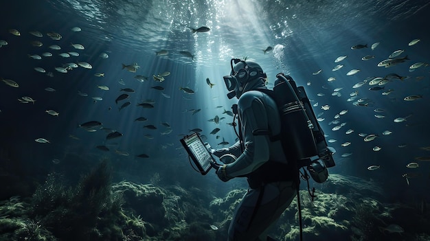 El pescador confía en una sonda para localizar bancos de peces suerte perca océano señuelo gorguera arenque descanso ballena deporte red naturaleza Generado por IA