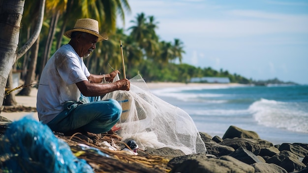 Pescador consertando sua rede sentado em uma bela praia tropical