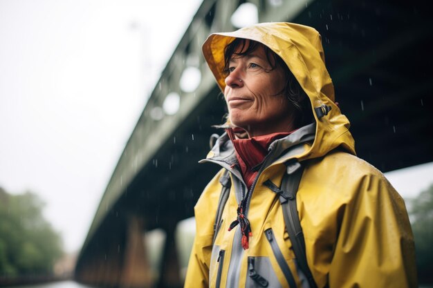 Foto pescador de casaco de chuva durante uma chuva no rio